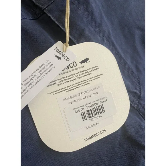 Toad&Co Mission Ridge 5 Pocket Lean Pants Mens 31X34 Blue Organic Cotton Stretch - Picture 4 of 6